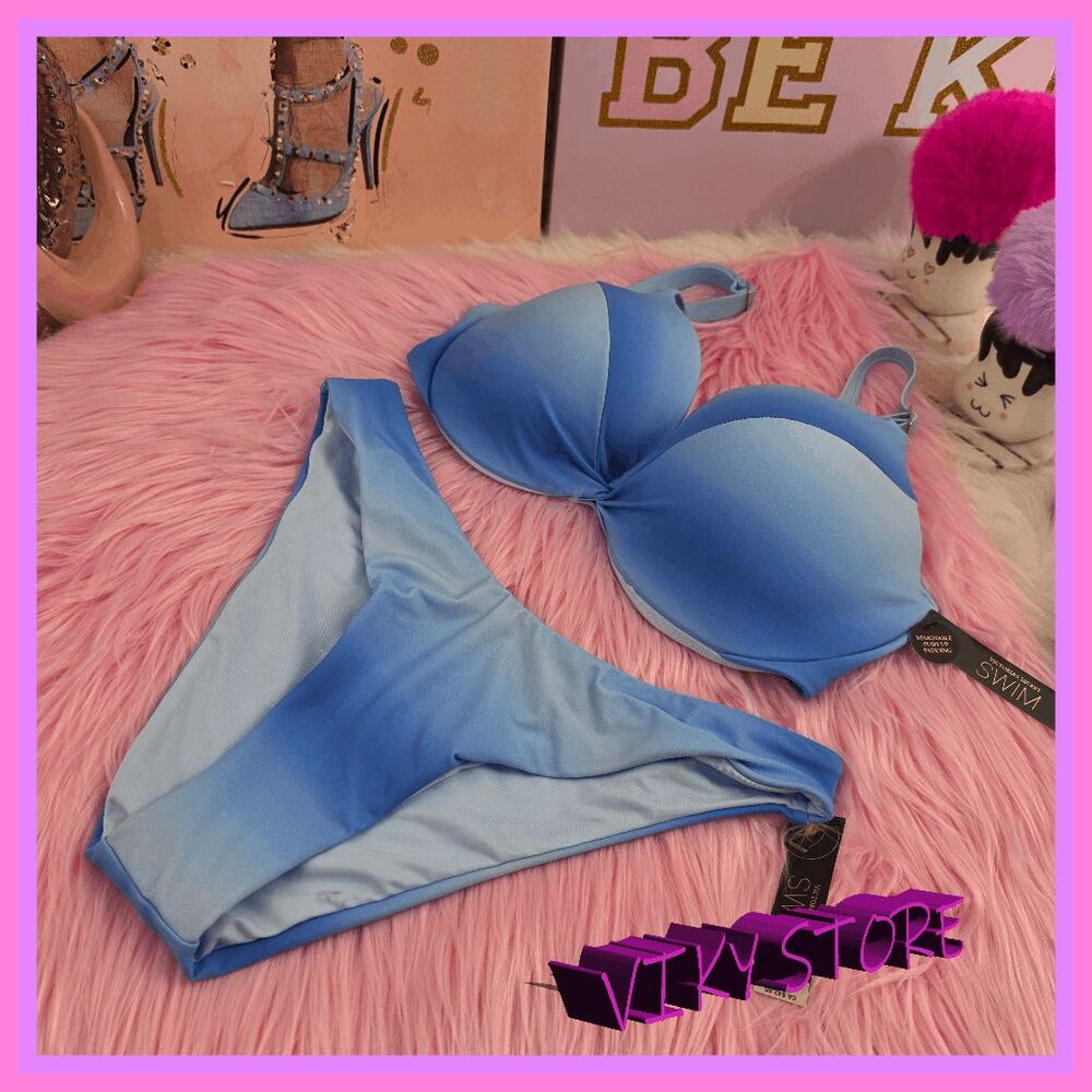 ❤️ NWT Victoria’s Secret White Blue Push Up Swim Set 34DD/M ❤️